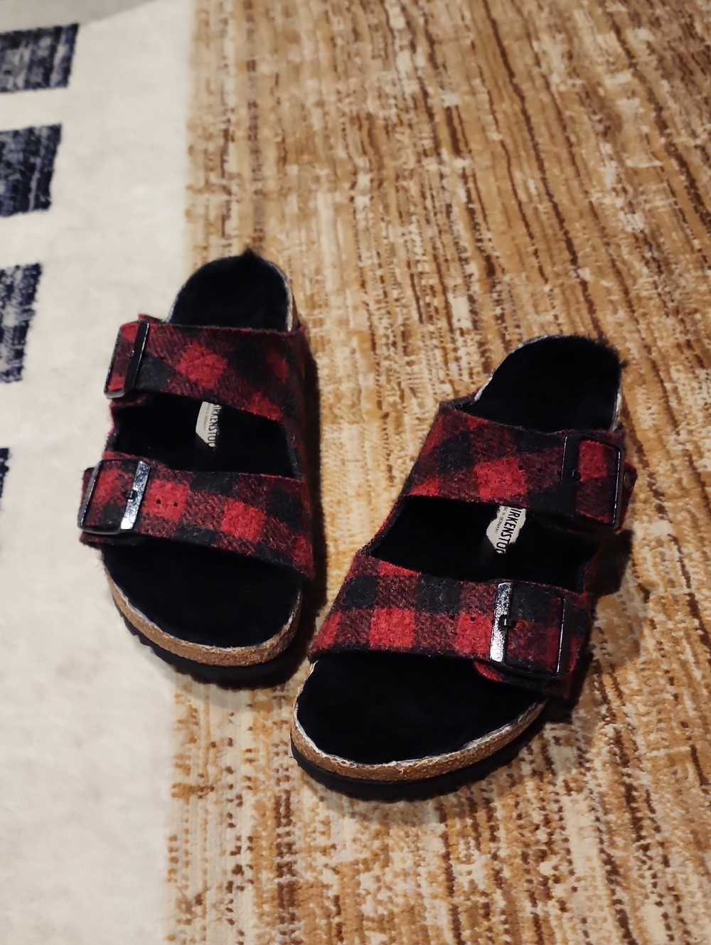 Birkenstock Womens 39 Red and Black Plaid Double-Strap Sandals